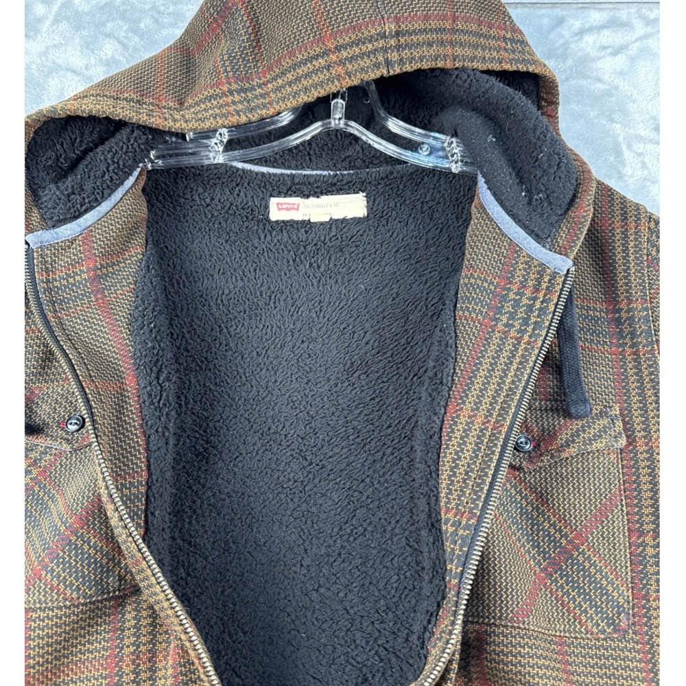 Levi's Jacket Mens Large Hooded Sherpa Lined Brown Plaid Full Zip EUC - Picture 8 of 8